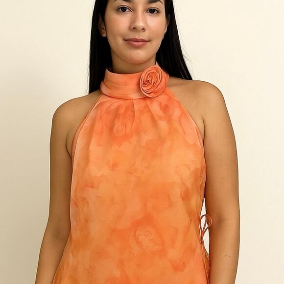 Cece organza orange 3D rose floral print flowy halter top - Picture 1 of 6